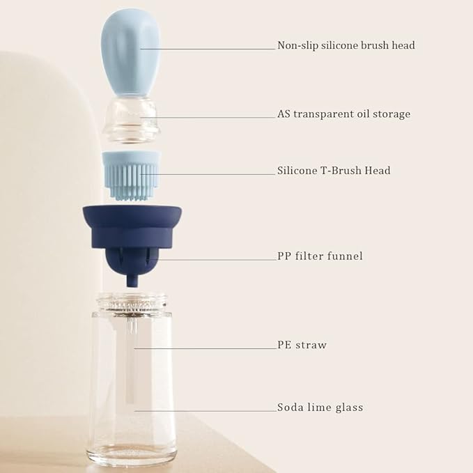 Glass Olive Oil Dispenser with Brush, 2 In 1 Silicone Dropper Measuring Oil Dispenser Bottle for Kitchen Cooking, Frying, Baking, BBQ Pancake, Air Fryer, Marinating (Blue)