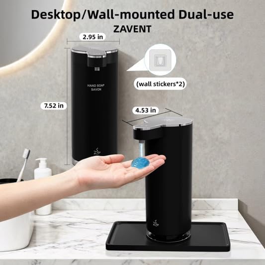 ZAVENT™ Touchless Automatic Soap Dispenser with Compact Black & White Organizer Tray for Kitchen & Bathroom Countertop, Stainless Steel Sensor Dispenser, Modern Design
