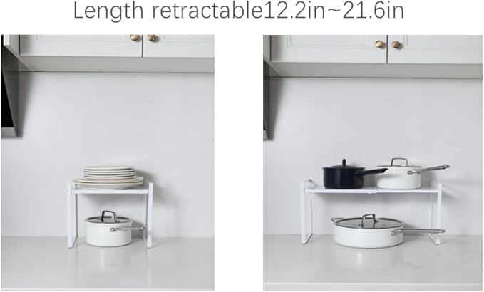 Expandable Cabinet Shelf Organizer Riser for Kitchen Pantry Cupboard Under Sink Countertop (white, 8.2’’D * 12.2-21.6’’W * 10.4’’H)