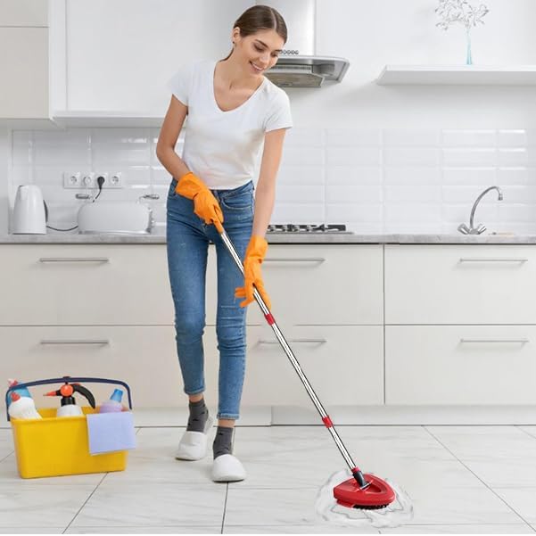 Spin Mop Replacement Handle and Mop Base Replacements for OCeda EasyWring 1-Tank Spin Mop System,4-Section Iron Mop Handle 30-58in and 1 Mop Base and 1 Scrub Brush Cover Set Combo, Red