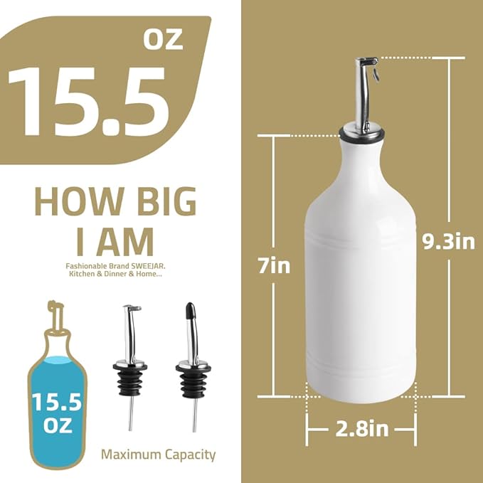 Sweejar Ceramic Olive Oil Dispenser Bottle Set, Opaque Oil Cruet Protects to Reduce Oxidation, Suitable For Storage Of Vinegar, Soy Sauce & Other Liquids,Pack of 2,15.5 Fl Oz(White Black)