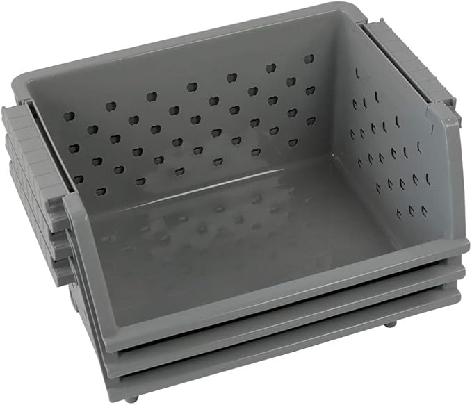 Begale 3-Pack Gray Plastic Stackable Detachable Storage Bin, Organizer Stacking Basket
