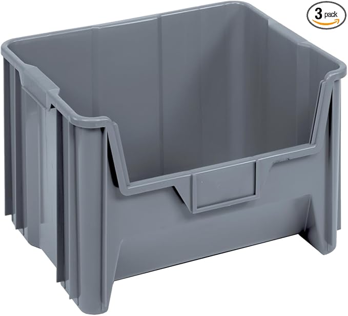 Quantum QGH700GY Stack Container for Warehouse Storage | Stackable Up to 6 Bins | (6) 1/4" Drill Hole for Drainage and Air Circulation | 15.25" x 19-7/8" x 12-7/16", Polypropylene, Gray (Pack of 3)