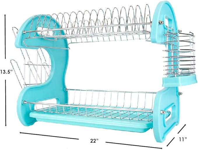 2 Tier Dish Drainer, by Home Basics (Turquoise) Dish Rack for Kitchen Counter, with Cutlery Holder and Cup Slots