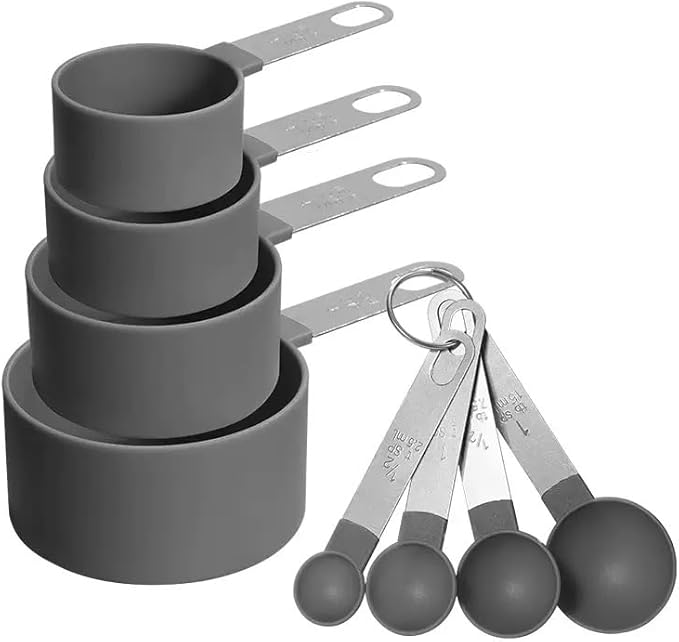 8 Piece Measuring Cups and Spoons Set, Kitchen Utensils with Metal Handles, 4 Measure Cups and 4 Measurement Spoons for Cooking, (Grey)