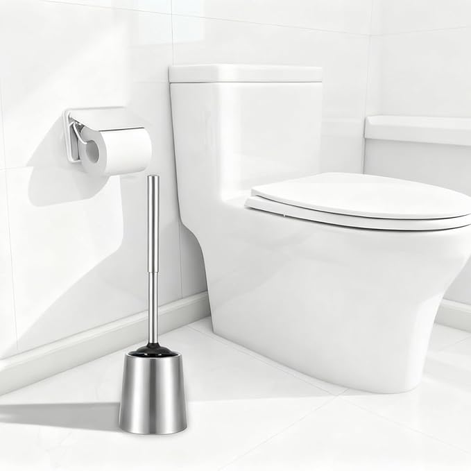SUS304 Stainless Steel Toilet Brush and Holder Set Toilet Brush Case Cleaner for Toilet Bowl Bathroom Cleaning Brush Caddy Cepillo de Baño wih Oily Coating Brushed Stainless Chrome