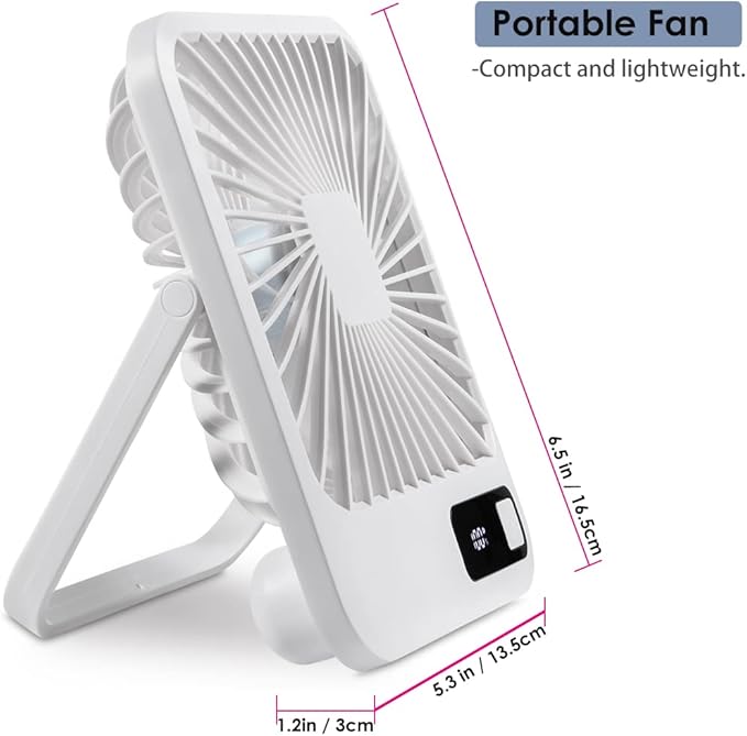 Small Desk Fan, Portable USB Rechargeable Fan, Tilt Folding Personal Mini Fan with 2000mAh Battery and LCD Display, Strong Wind, Ultra Quiet, 5 Speed Modes for Office, Home, Camping