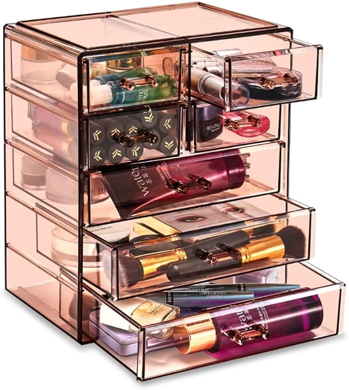 Sorbus Acrylic Makeup Organizer Set, 7-Drawer Vanity & Countertop Cosmetic Storage with Small & Wide Drawers, Bronze Glow Makeup Storage for Brushes