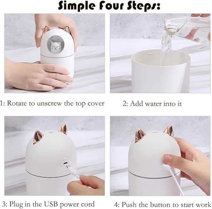 Portable Small Humidifier, 300ml Mini Cool Mist Humidifier with Night Light, USB Personal Humidifier Auto Shut-Off, Ultra-Quiet, 2 Spray Modes, Suitable for Home Office Travel(white)