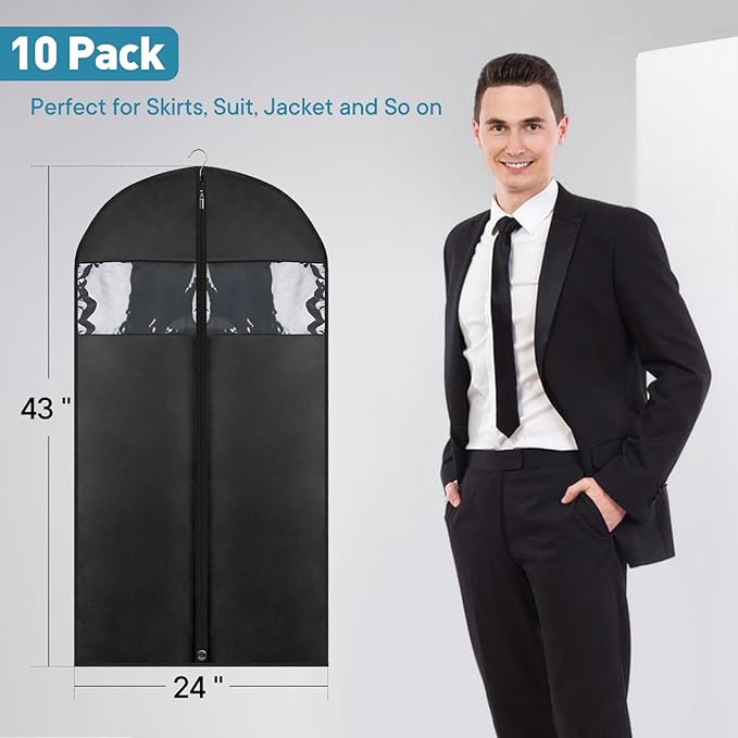 43" Suit Bags for Closet Storage and Travel, Garment Bags for Hanging Clothes, Suit Garment Bag for Men, Black Suit Cover Bags with Clear Window for Coats, Jackets, Shirts(10 Packs)