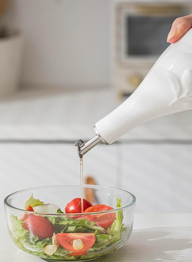 HOMBENE Porcelain Oil and Vinegar Dispenser Set, 16 oz Olive Oil Dispenser Bottle for Kitchen, Ceramic Cooking Oil Container, Oil Cruet w/Funnel, Dripless Spout, 480ml, 2 Pack