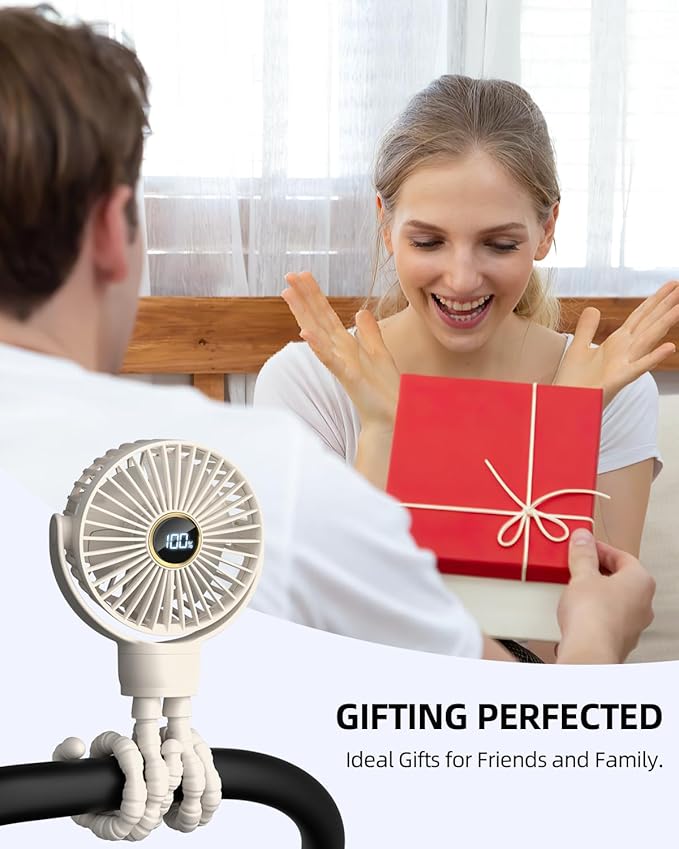 Portable Stroller Mini Fan, Small Rechargeable Personal Fan, Travel Essentials for Baby, Wagon, Car Seat, Treadmill, Battery Powered Biking Gear Accessories, 360° Rotation, 3-Speed, Display, Beige