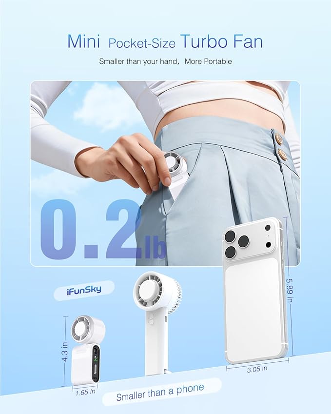 Mini Portable Handheld Turbo Fan – Small but Mighty, Whisper-Quiet, Long-Lasting, 5-Speed High-Velocity Rechargeable battery Fan, Personal Fan for Outdoor, Travel, Gifts for Women & Men(White)