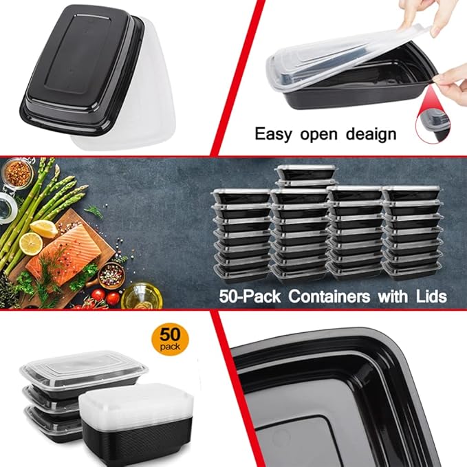 50-Pack Food Prep Containers, 1000ML/ 34 OZ Microwavable Food Storage Containers with Lids, Reusable Plastic lunch Containers Lunch Boxes- Stackable