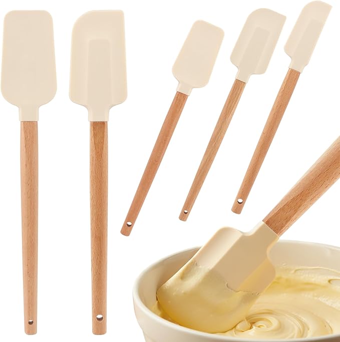 5 Pcs Silicone Spatula Set, Nonstick Rubber Spatulas with Wooden Handle, Soup Spoon Scraper, Jar Scraper for Cooking, Baking, Mixing, Frosting(COLOR:White)