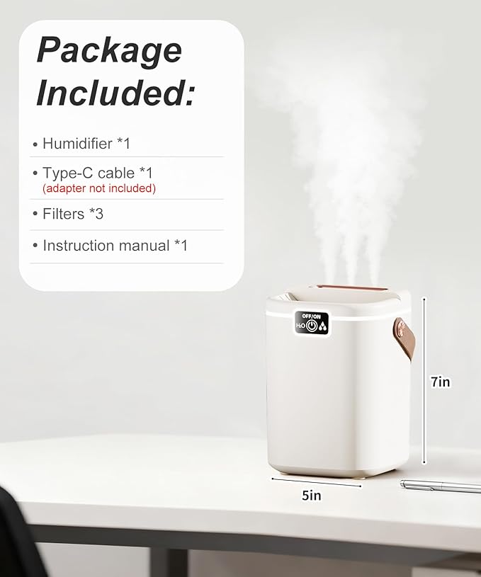 2L Cool Mist Humidifiers for Bedroom, 3 Nozzles Quiet Small Humidifier with 4 Mist Modes, Top Fill Desktop Personal Humidifier with Night Light & Auto-Shutoff, Portable USB Powered for Office, Plants