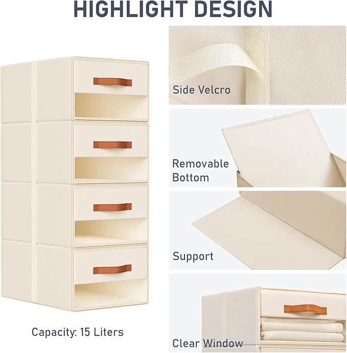 DIMJ Closet Organizers and Storage - Fabric Bins with Drawers for Closet Foldable Clothes Organizers with Clear Window, Stackable Storage Drawers Units for Bedroom, Living Room, Medium 4-Pack, Beige