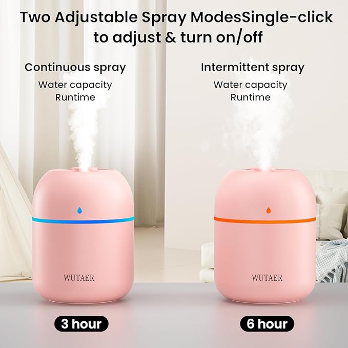 Portable Small Humidifier, WUTAER USB Personal Desktop Humidifier for Car, Office Room, Bedroom, Auto Shut-Off, 2 Mist Modes, Super Quiet(220ml, Pink)