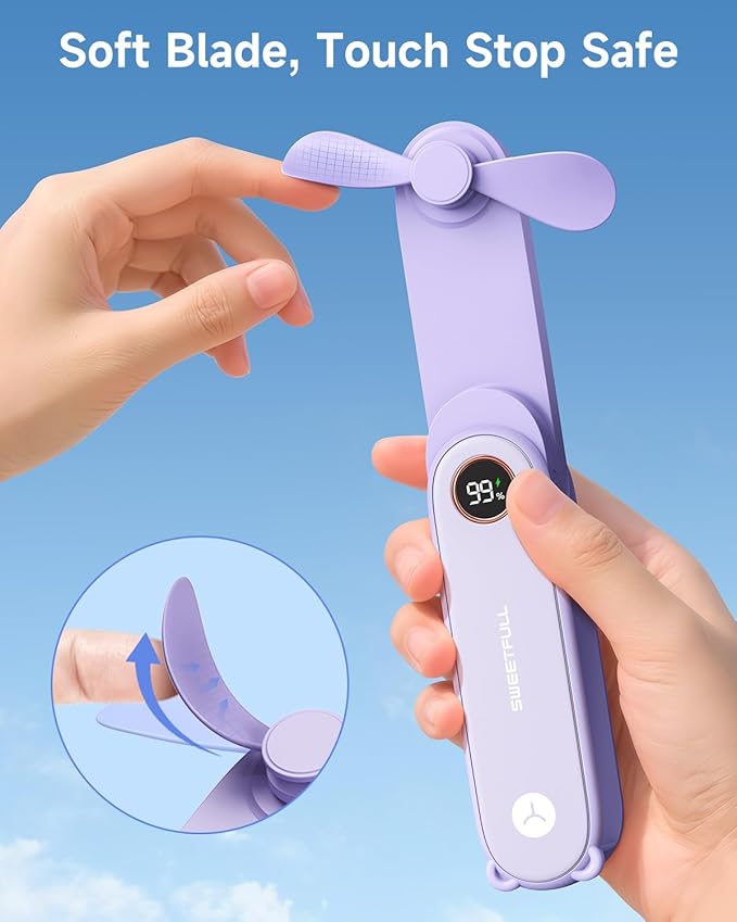 SWEETFULL Portable Handheld Mini Fan with LED Display, 3-in-1 Personal Foldable USB Rechargeable Hand Held Fan & Flashlight for Travel, Lash Eyelash, Cute Small Pocket for Women, Girls