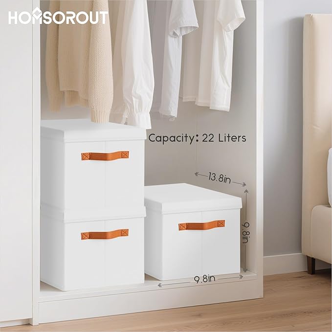 Homsorout Storage Bins with Lids - Fabric Storage Baskets for Shelves, 4 Pack Foldable Decorative Boxes with Handles