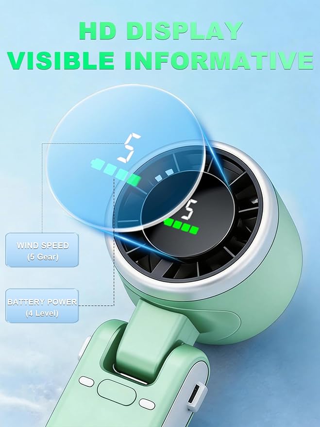Portable Handheld Turbo Fan, 5 Gear Wind, Battery Operated, Up to 13 Working Hours Rechargeable Fan, 3 IN 1 Hand Fans with Air Turbo Tech Cooling Fan for for Travel, Beach, Outdoor - Green