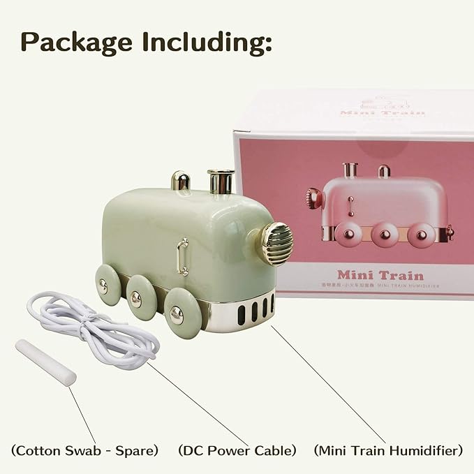 Portable Mini Humidifier, 300ml Cute Train Small Humidifier, Cool Mist Diffuser for Desktop / Office / Bedroom, Ultra Quiet, LED Light Function, USB Charge, Auto Shut Off