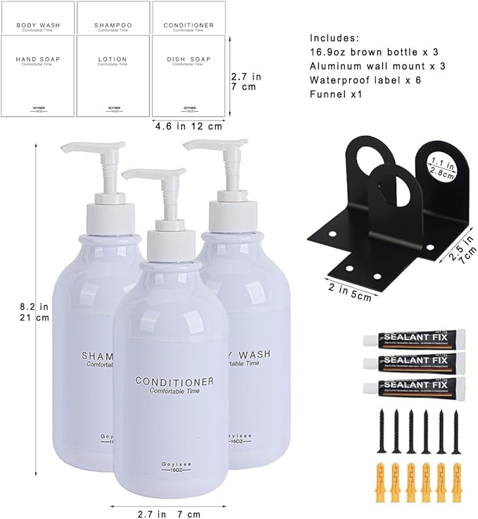 Shampoo and Conditioner Dispenser for Shower Wall 3 Chamber,Refillable Shampoo and Conditioner Bottles with Waterproof Labels,Soap Dispenser with Pumps