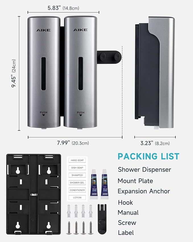 AIKE 2 Chambers Shower Shampoo and Conditioner Dispenser 2 x 11.8 fl.oz. for Bathroom(Silver)