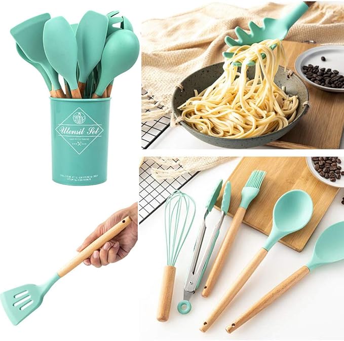 17PCS Silicone Utensils Set with Wooden Handle Heat Resistant Cookware Utensils Kit Easy To Clean Kitchenware Kitchen Tools for Non-Stick Cookware - Drak Green