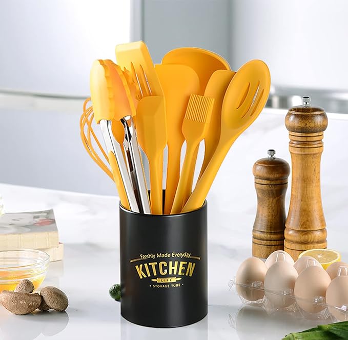11Pcs Silicone Cooking Utensils Set - Heat Resistant Kitchen Tools, Spatula, Turner, Tongs, Spoon, Whisk, BPA Free, Dishwasher Safe, Nonstick Cookware Utensils (Yellow)