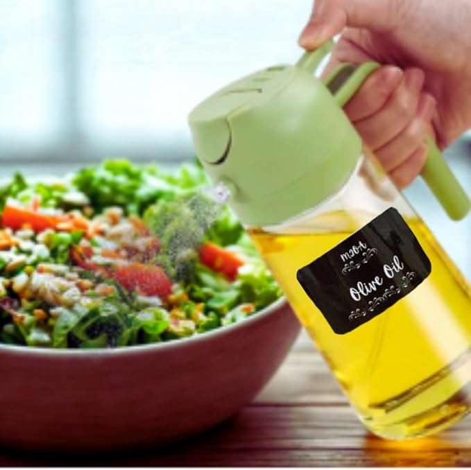 M2OA Glass Oil Sprayer with Dual Function, Green, 16oz/470ml, Premium BPA-Free Oil Dispenser Bottle for Cooking, Scales to keep track of measure, Salad, BBQ (Green)