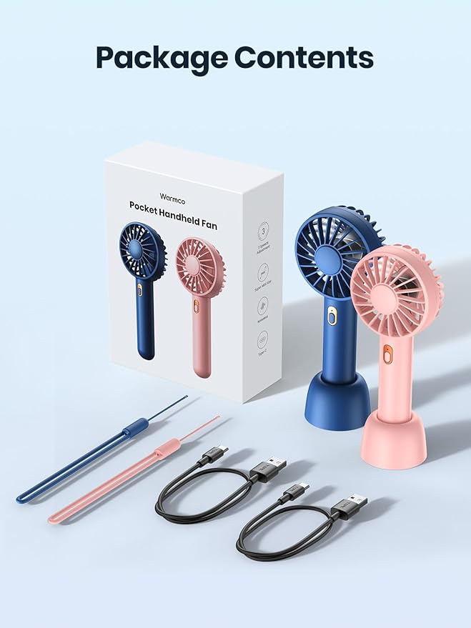 Warmco Mini Portable Fan 2-Pack - 3 Speed Rechargeable Handheld & Desk Fan with Base, Compact Cooling for Travel, Makeup, Summer Gift (Blue & Pink)