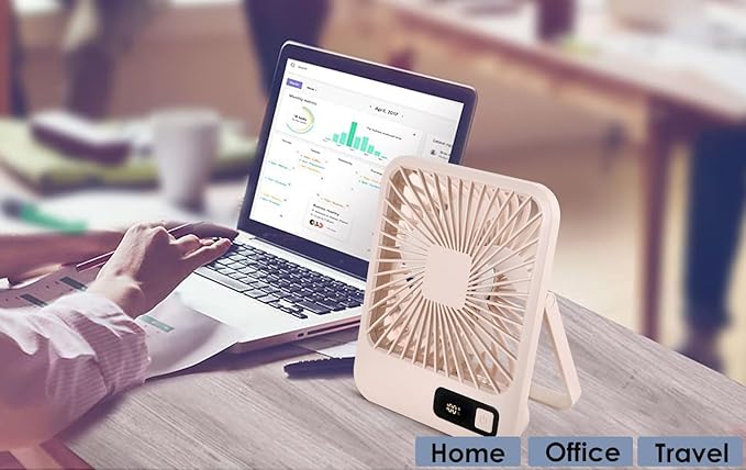 Small Desk Fan, Portable USB Rechargeable Fan, Tilt Folding Personal Mini Fan with 2000mAh Battery and LCD Display, Strong Wind, Ultra Quiet, 5 Speed Modes for Office, Home, Camping (khaki)