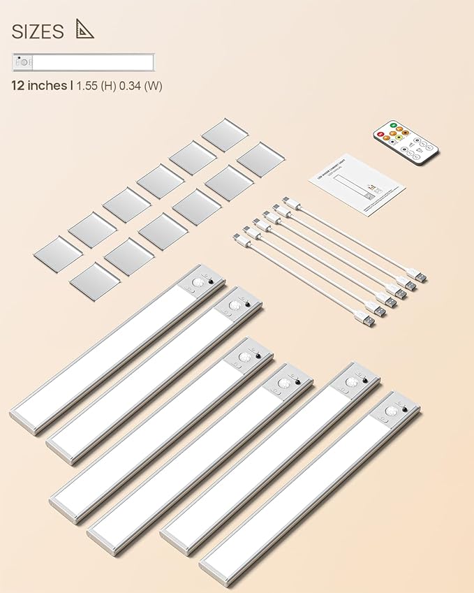12inch Under Cabinet Lighting with Remote, 2500mAh Rechargeable Motion Sensor Light Indoor, LED Closet Lights with Timer, Dimmable, Magnetic, 3 Color Temps Wireless for Kitchen, Pantry, Stair, 6 Pack