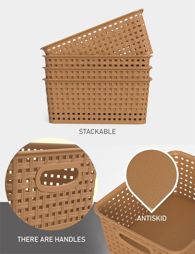 WYT 6-Pack Plastic Small Shelf Storage Weave Baskets Organizing for Cabinets and Pantries, Light Brown