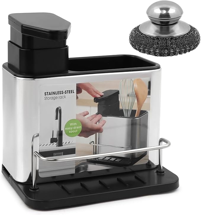 3-in-1 Dish Soap Dispenser, Sponge Holder for Kitchen Sink Caddy, Organizer Dish Soap Dispenser with Cleaning Brush and Tray Drainer Rack Countertop