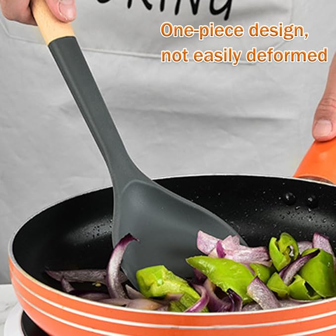Wok Spatula, Silicone Wok Spatula Turner with Heat Resistant Wooden Handle, Kitchen Utensil Cooking Shovel Scoop Ladle for Scooping, Flipping, Stirring, Durable BPA-free Nonstick Cooking, 13.2Inch