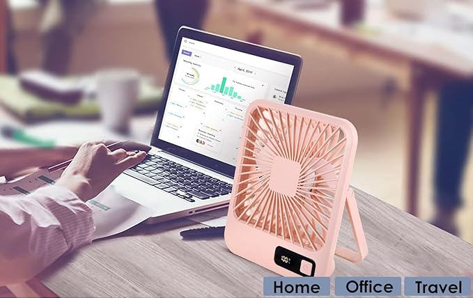 Small Desk Fan, Portable USB Rechargeable Fan, Tilt Folding Personal Mini Fan with 2000mAh Battery and LCD Display, Strong Wind, Ultra Quiet, 5 Speed Modes for Office, Home, Camping