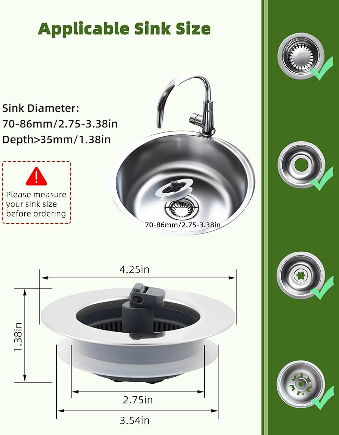 Universal 3-in-1 Kitchen Sink Strainer Stopper Pop Up Sink Drainer with Upgrade Folded Handle, for US Standard 3-1/2 inch Drain Filter