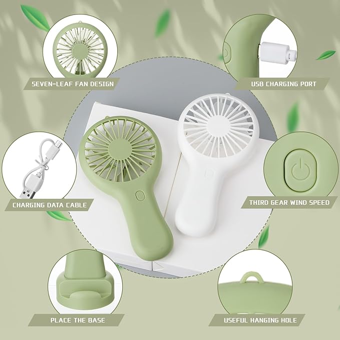 Woanger 24 Pack Mini Powerful Handheld Fan Bulk 3 Speed USB Rechargeable Small Desk Fan Summer Gift for Wedding Beach Outdoor Women Eyelash (White,Sage Green)