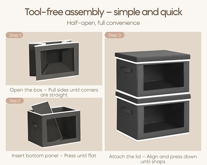 Homsorout Collapsible Storage Bins with Lids - Stackable Storage Boxes with Window, 15.7 Inch Fabric Organizing Bins for Closet, Home & Office Organization Baskets, Dark Grey, 3 Pack