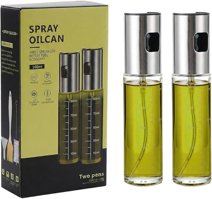 Oil Sprayer for Cooking,Olive Oil Sprayer,3.38 Oz/100ml,Press Oil Spray Pot with Scales,304 Stainless Steel Glass Oil Spray Bottle for Salad, Baking, BBQ, Air Fryer Accessories (2 Bottle)