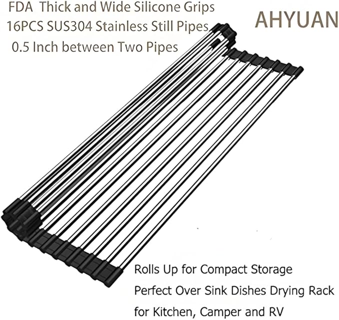 Roll up Dish Drying Rack Over The Sink Kitchen Roll up Sink Drying Rack Portable Dish Drainer Foldable Dish Drying Rack (Black, 37 * 30CM)