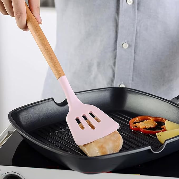 Premium Silicone Kitchen Cooking Utensils Set, 33pcs – 446°F Heat Resistant, Non-stick, BPA-Free, Wooden Handles, Spatula, Turner, Tongs, Spoon, Brush, Whisk – Essential Cooking Gadgets (Pink)