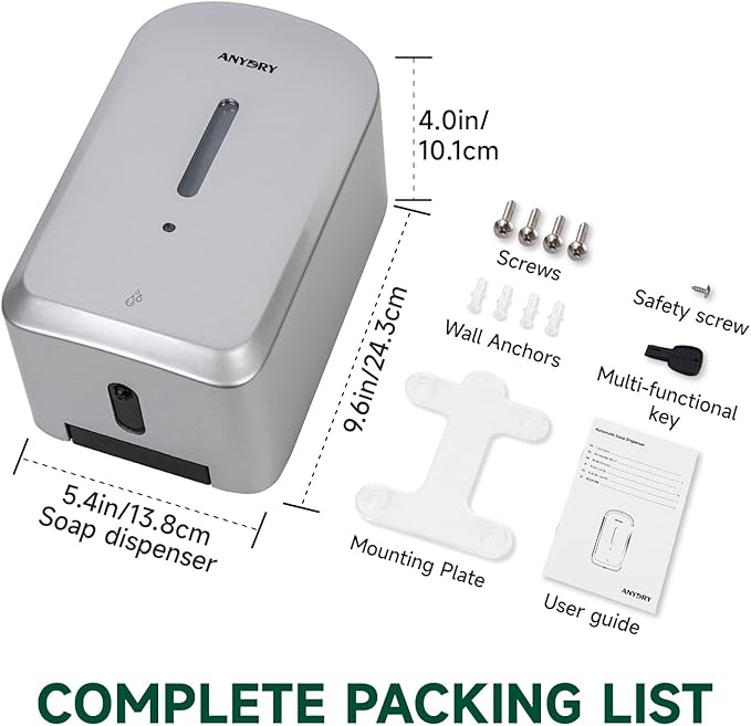 anydry Commercial Automatic Soap Dispenser Large 34oz/1000ml Capacity Wall-Mounted Touchless Liquid Dispenser for High-Traffic Restrooms, Offices, Hospitals Model AD1220S Silver