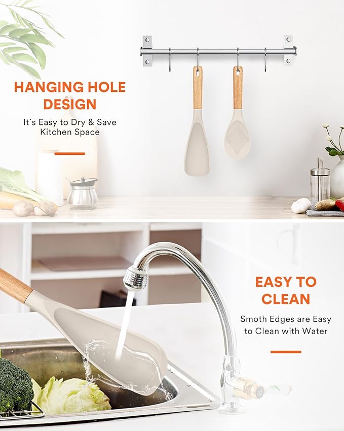 Cooking Spoon and Rice Scooper for Nonstick Cookwares, Great for Cooking and Serving Sturdy BPA-Free Matte Silicone, Wood Handle Spoon for Mixing, Scoop, and Scrape (KHAKI)