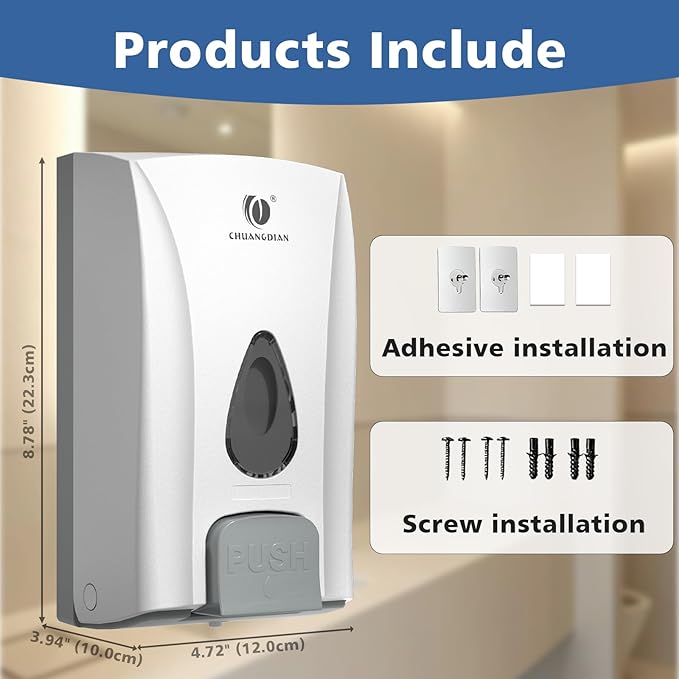 Hand Soap Dispenser Wall Mount No Drill 33.8oz/1000ml Manual Liquid Soap Dispenser Bathroom Large Capacity Commercial Shower Dispenser No Drill Restaurants Home Office, White