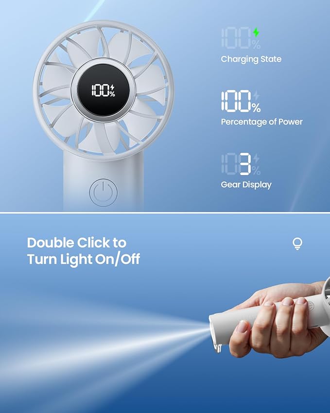 Gaiatop Portable Mini Fan, 3 Speed Handheld Fans with Power Display Flashlight, USB Rechargeable Battery, Lightweight Personal Cooling for Women Men Indoor Outdoor Travel White