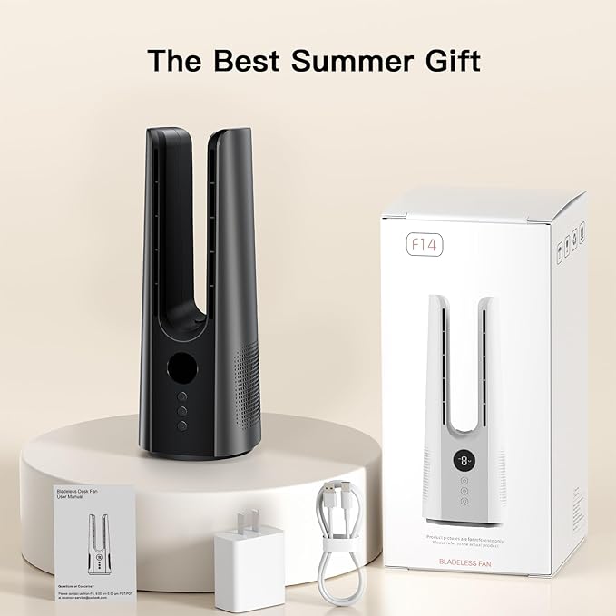 13 Inch Desk Fan, Portable Bladeless Fan, Small Quiet Table Fan with 60ยฐOscillating, 5 Speeds & 9H Timer, LED Display, Button Control, Easy to Clean, Personal Desktop Fan for Bedroom, Office, Home