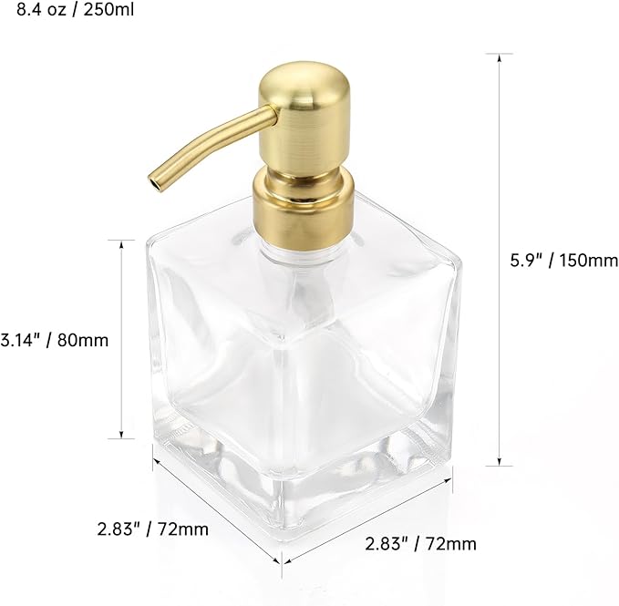 Square Bathroom Soap Dispenser Brushed Gold, Glass Bottles with Stainless Steel Pump 8.4 OZ Cube Liquid Soap Dispenser Hand Kitchen